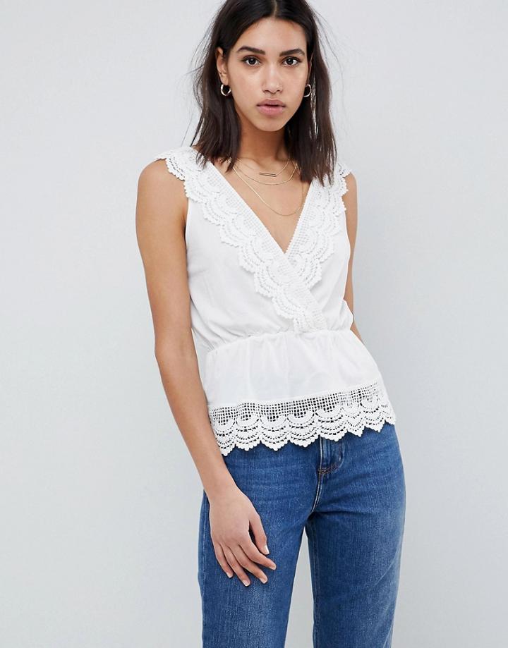 Asos Design Crochet Trim Top With Wrap And Pep Hem - Cream