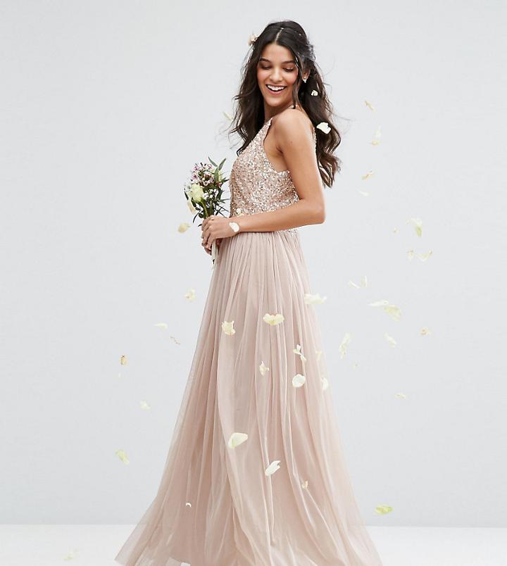 Maya High Neck Maxi Tulle Dress With Tonal Delicate Sequins - Brown