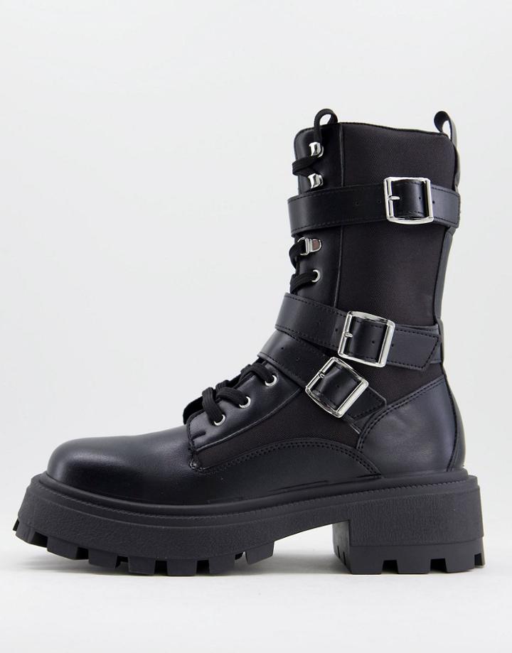 Asos Design Calf Boot With Triple Strap Detail With Chunky Sole In Black Faux Leather