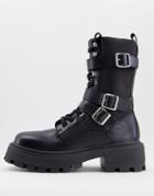 Asos Design Calf Boot With Triple Strap Detail With Chunky Sole In Black Faux Leather