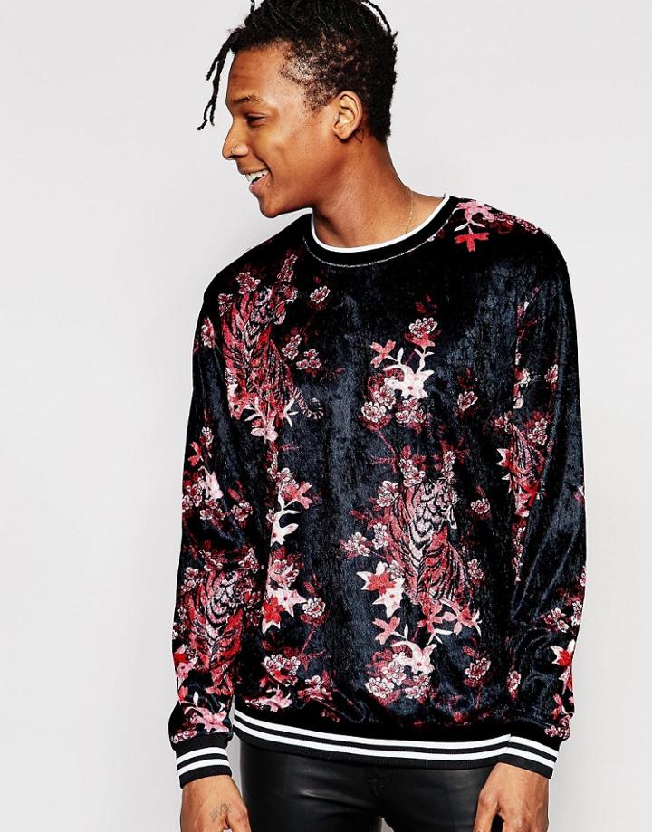 Jaded London Velvet Sweatshirt With All Over Floral Tiger Print - Black