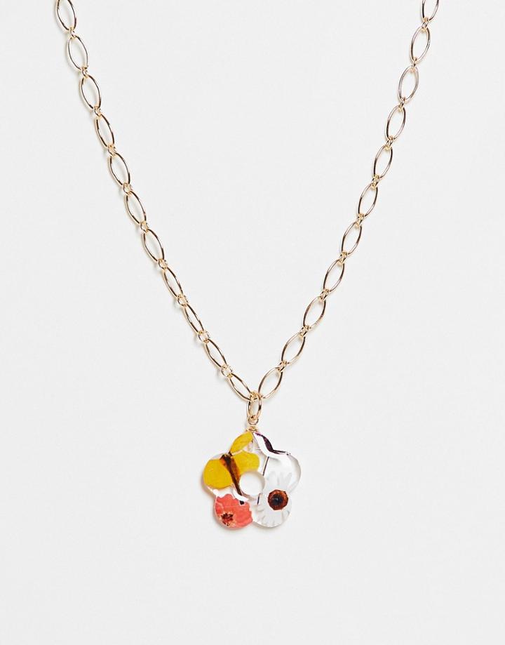 Asos Design Necklace With Trapped Flower Shape Pendant In Gold Tone