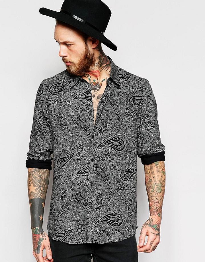 Asos Viscose Shirt In Paisley Print In Regular Fit - Black
