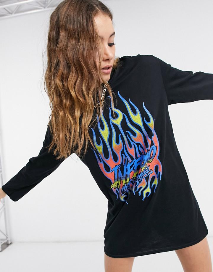 Rokoko Oversized Long Sleeve T-shirt Dress With Flame Graphic-black