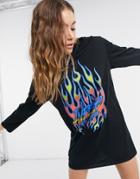 Rokoko Oversized Long Sleeve T-shirt Dress With Flame Graphic-black