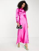 Asos Design High Neck Maxi Satin Tea Dress In Hot Pink