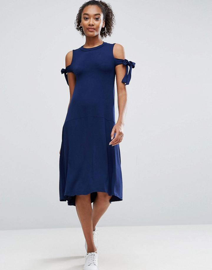 Asos Midi Dress With Seam Detail Hem And Tie Sleeve - Navy