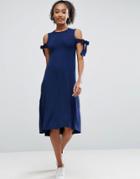 Asos Midi Dress With Seam Detail Hem And Tie Sleeve - Navy