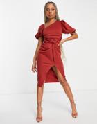Asos Design Asymmetric Puff Sleeve Knot Tuck Midi Dress In Terracotta-copper