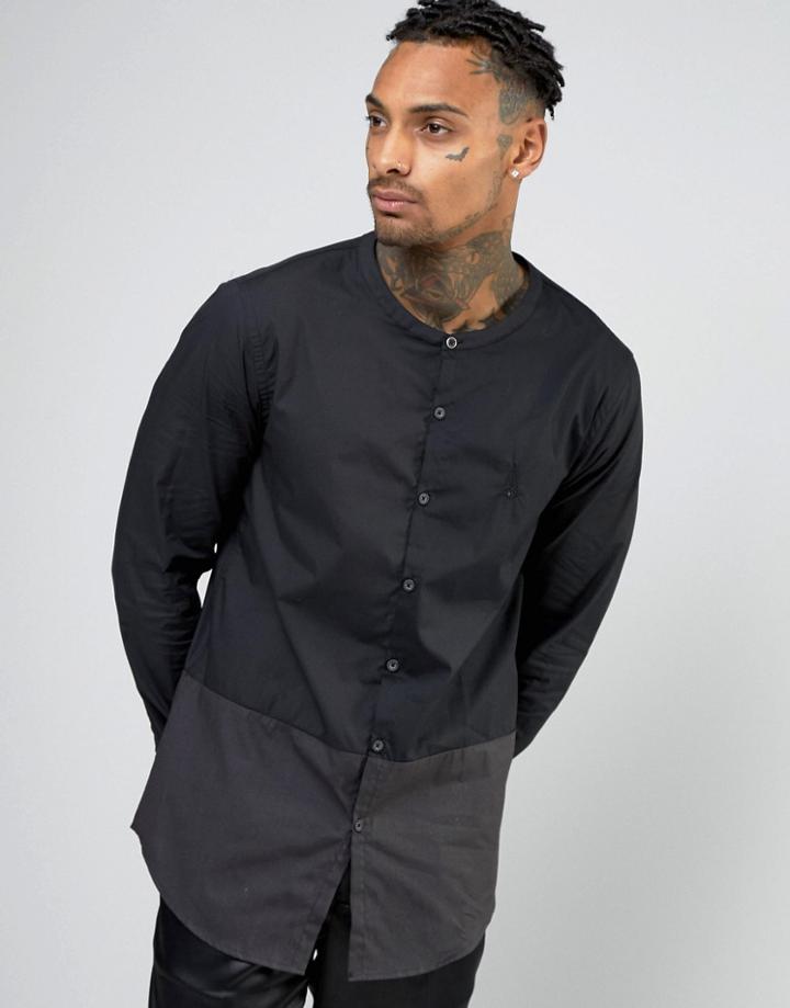 Aka Longline Shirt With Grandad Collar - Black