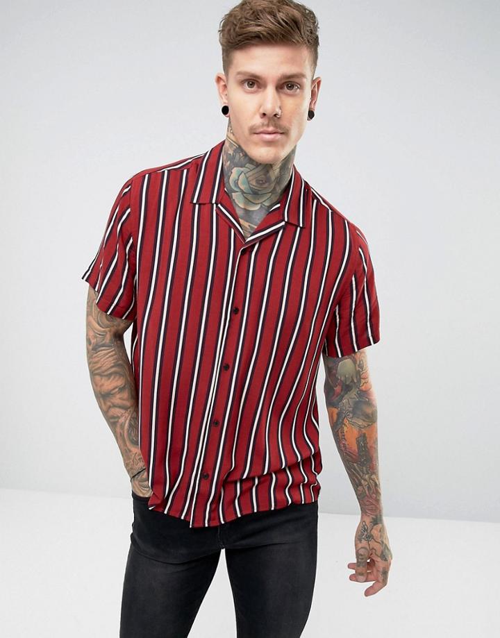 Asos Oversized Viscose Stripe Shirt With Revere Collar - Red
