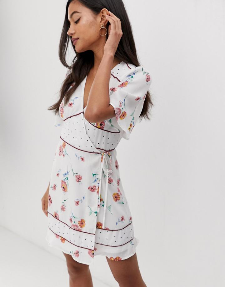 Fashion Union Wrap Dress With Contrast Print Panels - White