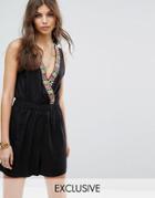 Rocca Bella Plunge Beaded Trim Beach Romper - Black