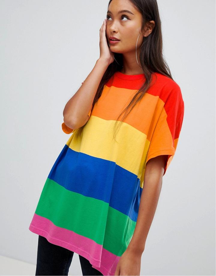 Bershka Bold Stripe Rainbow Tee In Multi - Multi