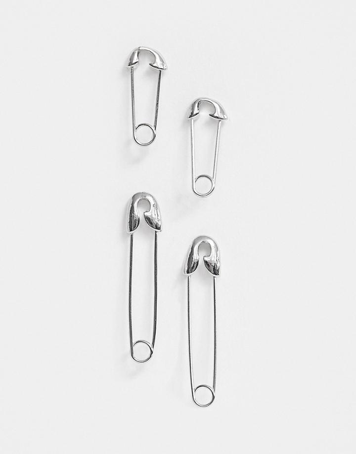 Asos Design Pack Of 2 Earrings In Safety Pin Design In Silver Tone