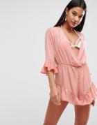 Asos Beach Romper In Satin With Frill Detail - Pink