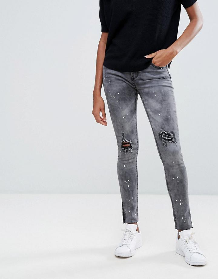 Pieces Rika Skin Tight Raw Ankle Jeans - Gray