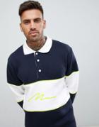 Boohooman Polo With Neon Man Print In Navy - Navy