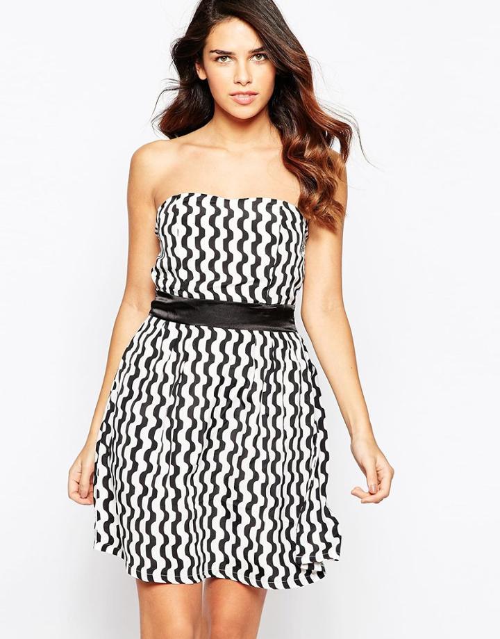Jasmine Bandeau Dress In Mono Print - Black Stripe