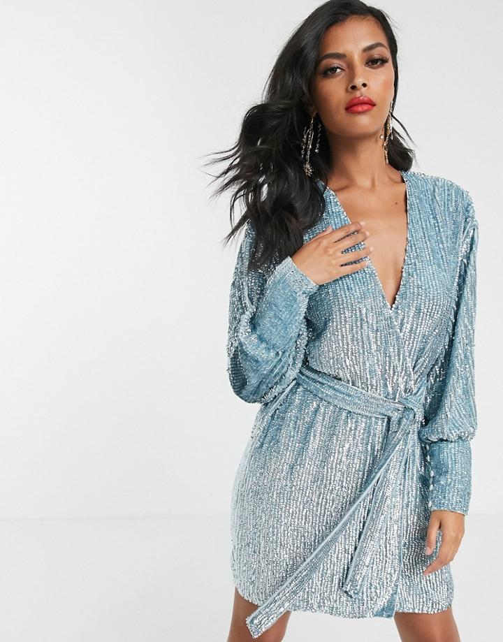 Asos Edition Sequin Wrap Mini Dress-blue