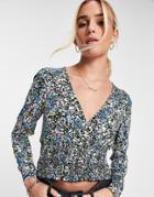 New Look Long Sleeve Shirred Top In Blue Floral-multi