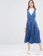 Asos Denim Wrap Front Pinafore Midi Dress - Blue