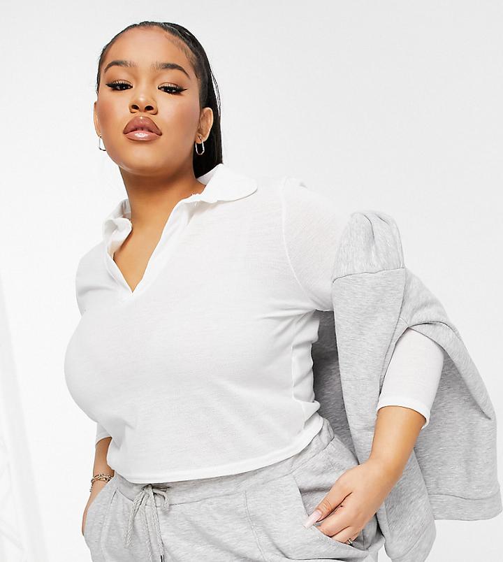 Missguided Plus Polo Shirt With Long Sleeve In White