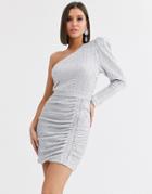 Lavish Alice Structured One Shoulder Mini Dress In Silver Sequin