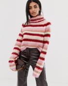 Prettylittlething Fluffy Sweater With Roll Neck In Pink Stripe - Multi