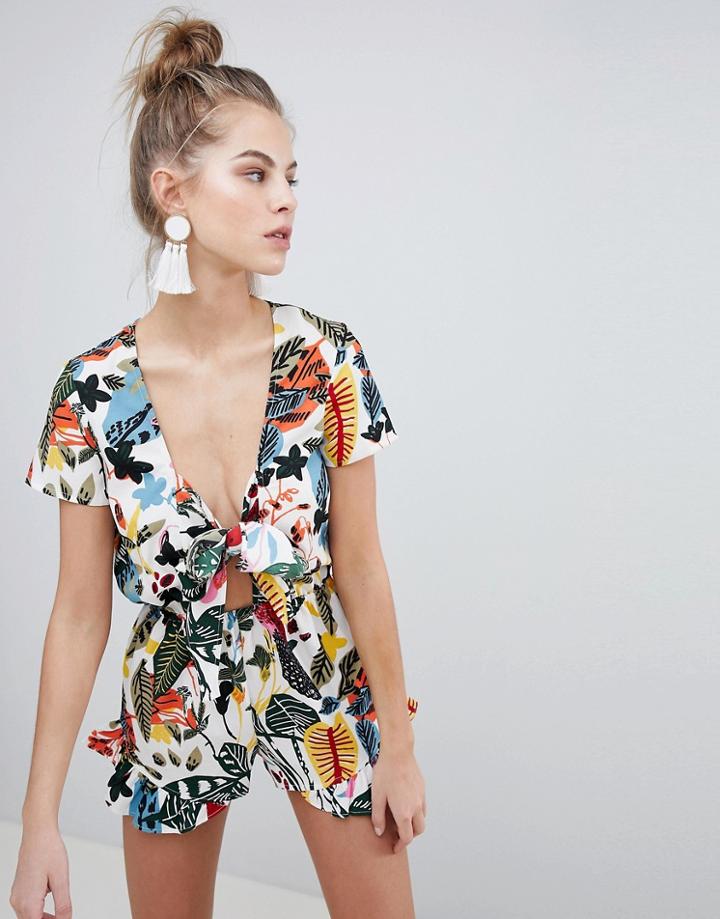 Boohoo Printed Tie Front Romper - Multi