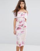 City Goddess Bardot Floral Bloom Print Midi Pencil Dress - Multi