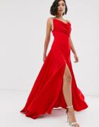 Yaura Cowl Neck Maxi Fishtail Dress In Red - Red