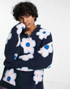 Asos Design Textured Knit Half Zip Sweater With Floral Design In Navy