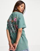 Crooked Tongues Oversized T-shirt With Run Rabbit Puff Print In Washed Green