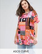 Asos Curve Super Oversized T-shirt In 80s Geo-tribal Print - Multi
