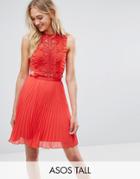 Asos Tall Lace Pinafore Pleated Mini Dress - Red