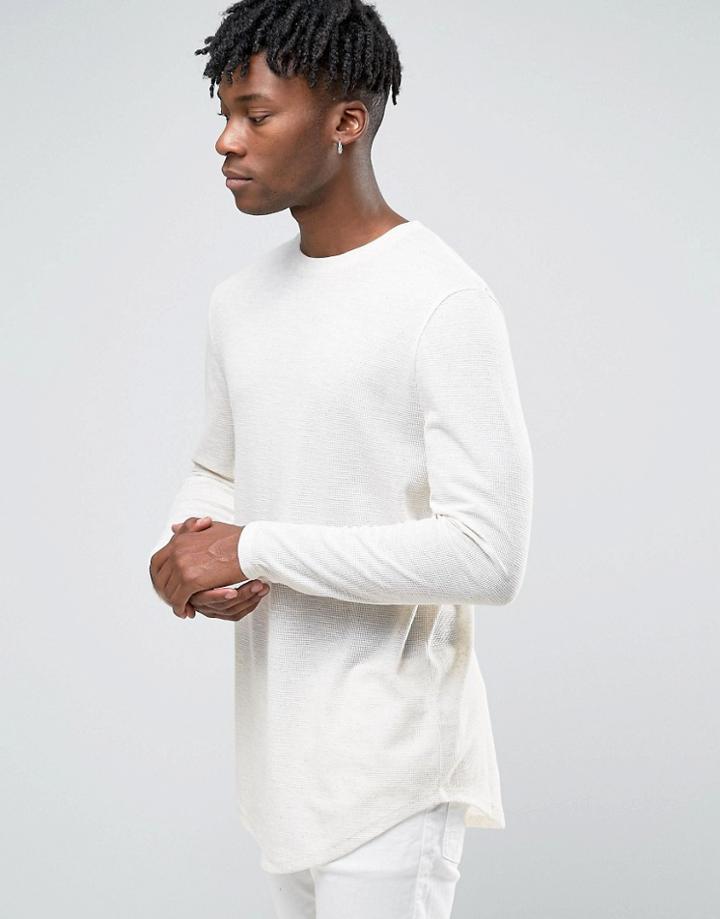 Asos Linen Waffle Jersey Longline Long Sleeve T-shirt With Curve Hem - Cream