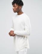 Asos Linen Waffle Jersey Longline Long Sleeve T-shirt With Curve Hem - Cream