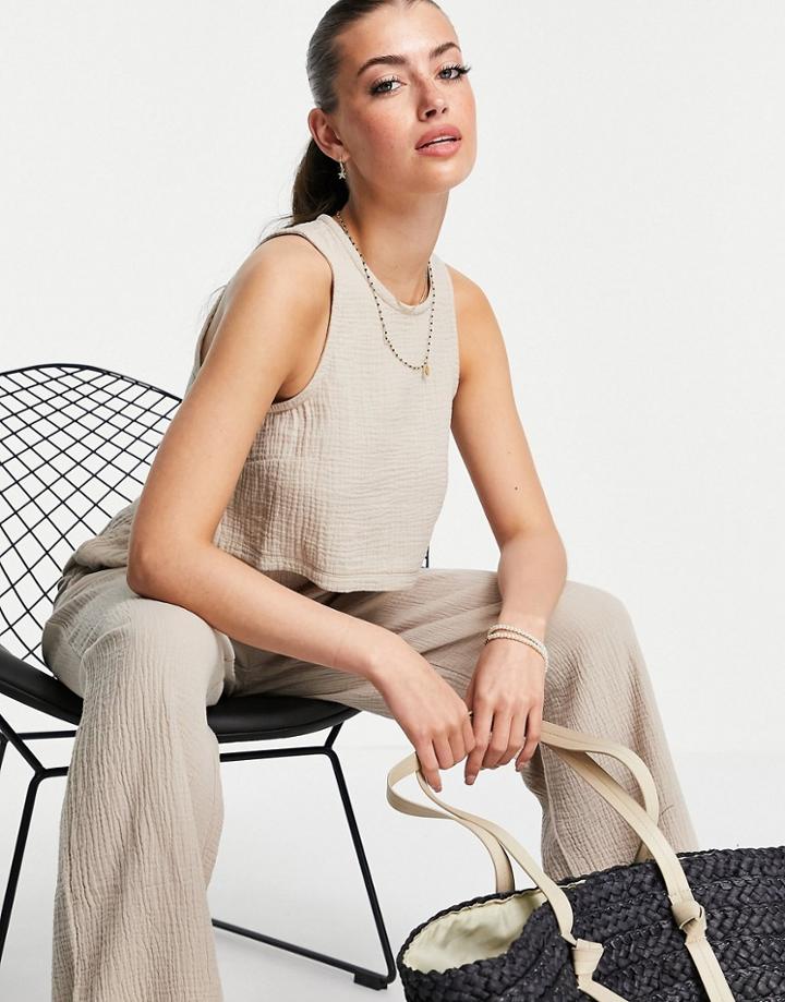 Asos Design Set Cheesecloth Boxy Crop Top In Stone-brown