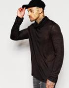 Asos Sheer Slub Jersey Longline Long Sleeve T-shirt With Funnel Neck - Black