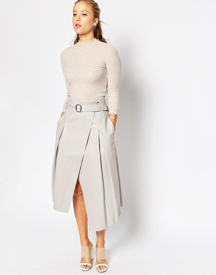 Asos Midi Skirt In Leather Look With Wrap Detail - Gray