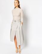 Asos Midi Skirt In Leather Look With Wrap Detail - Gray