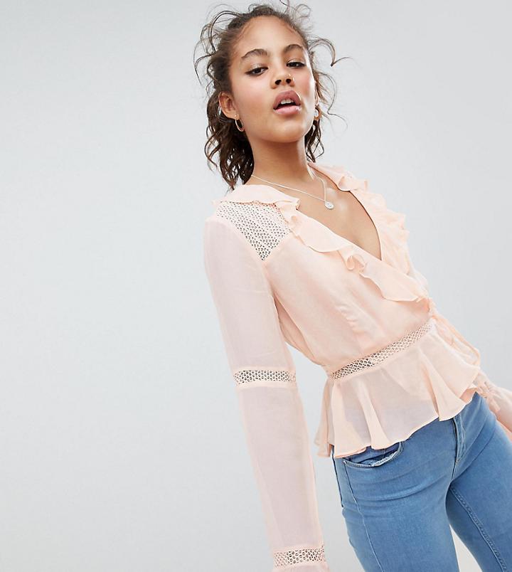 Asos Design Tall Wrap Top With Ruffle And Lace Insert In Pink - Pink