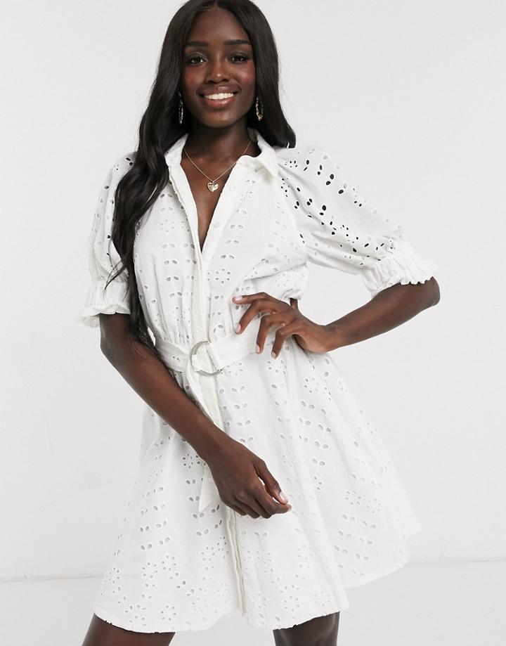 Asos Design Broderie Mini Shirt Dress With Puff Sleeves In White