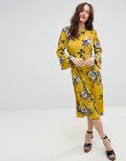 Asos Printed Midi Column Dress With Fluted Sleeve In Dark Floral Print - Multi