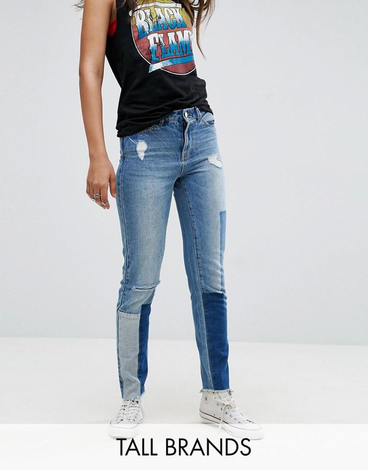 Noisy May Tall Patchwork Detail Mom Jean - Blue