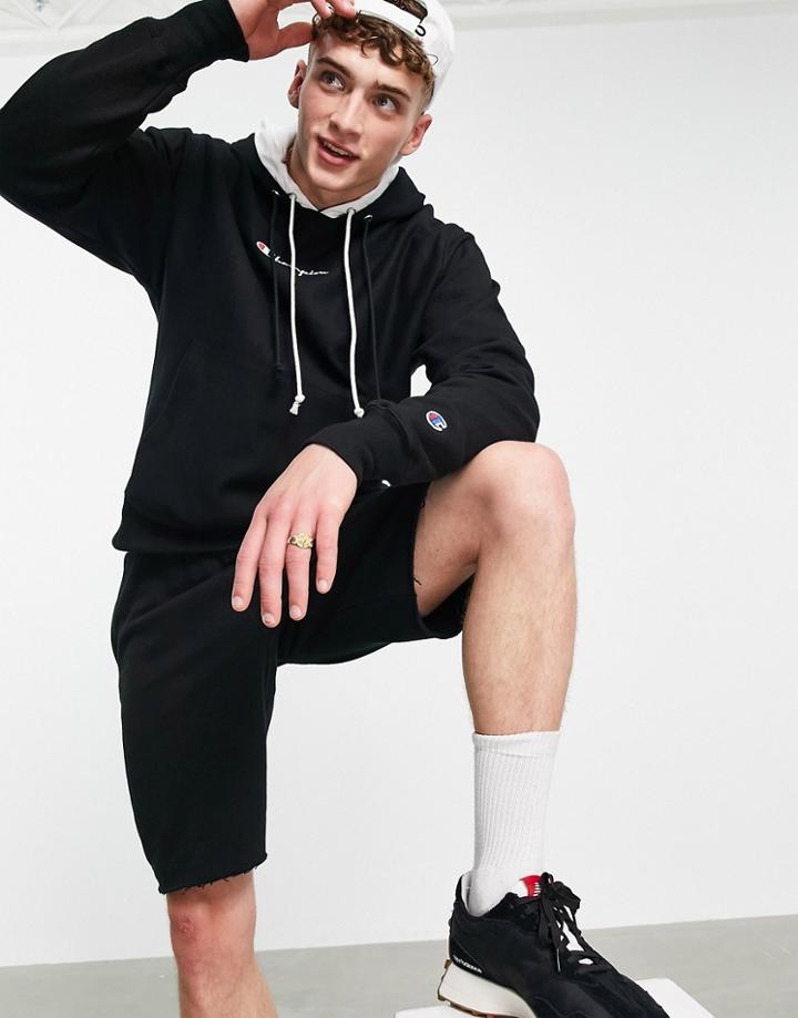 Champion Double Hooded Logo Hoodie In Black