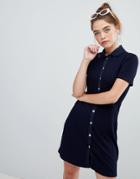Bershka Polo Button And Ribbed Swing Dress In Blue - Blue