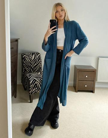 The Wellness Project Lounge Supersoft Ribbed Longline Cardigan In Navy