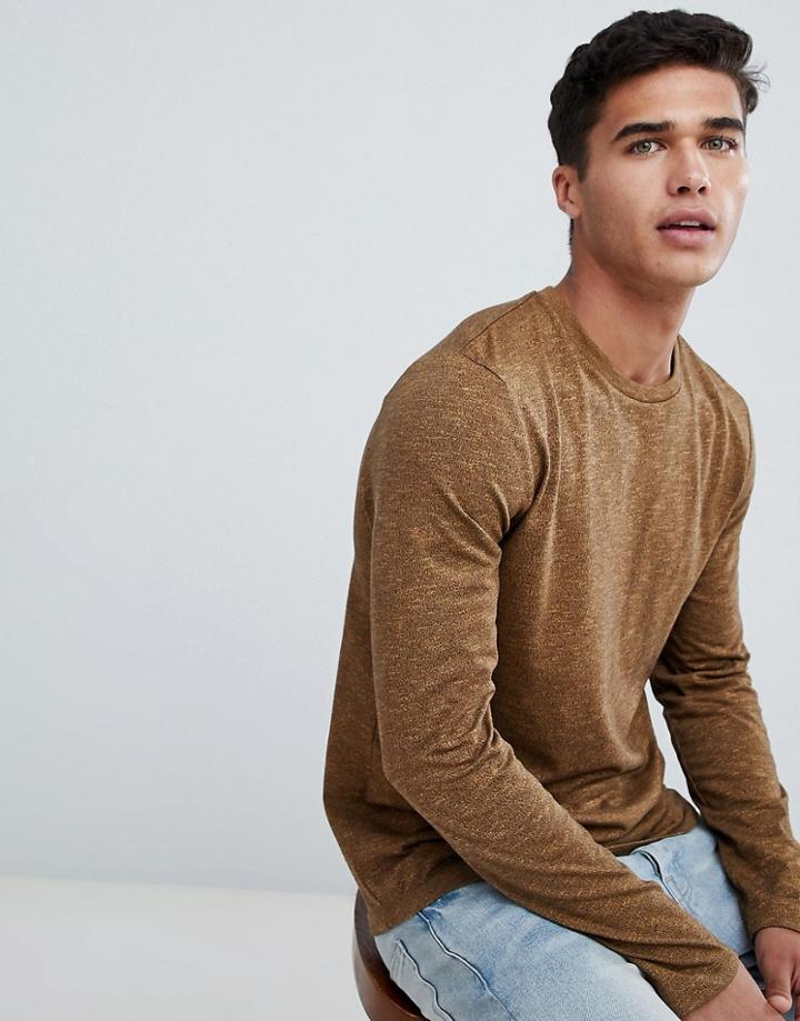 Asos Design Long Sleeve T-shirt In Twisted Jersey Textured Fabric With Curved Hem In Tan - Tan